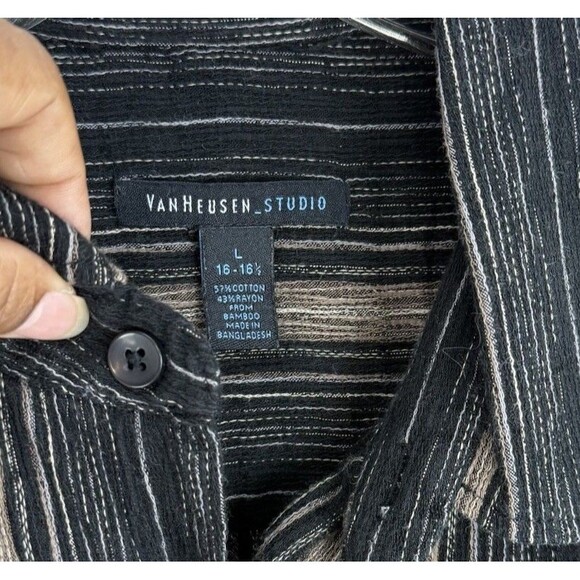 VAN HEUSEN Short Sleeve Cotton Rayon Striped Shirt Men's Size L 16-16.5 - Picture 11 of 11